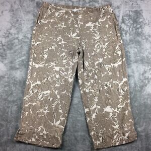 J Jill Love Linen Pants Womens Large Elastic Waist Brown Floral Pockets READ